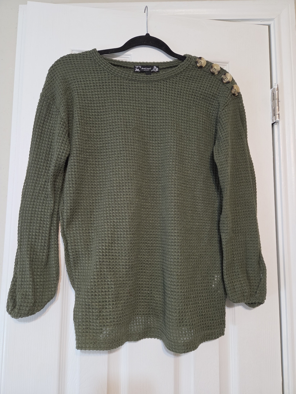 Derek Heart Olive Green Waffle Knit Crewneck Sweater with Shoulder Buttons